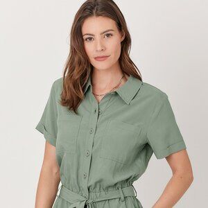 MYSTREE Silky Tencel Sage Green Button Front Belted Romper Utility Shorts Romper